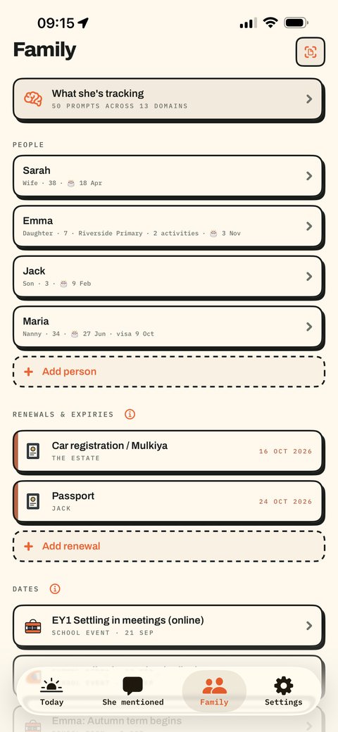 Family screen: Sarah, Emma, Jack and Maria, then renewals and dates