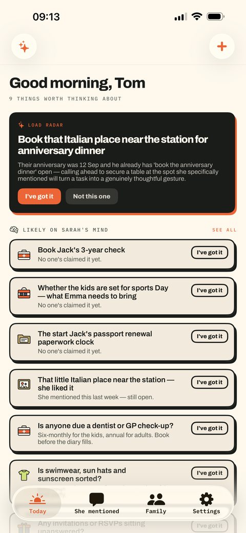 Today screen: good morning Tom, nine things worth thinking about, the load radar’s suggestion