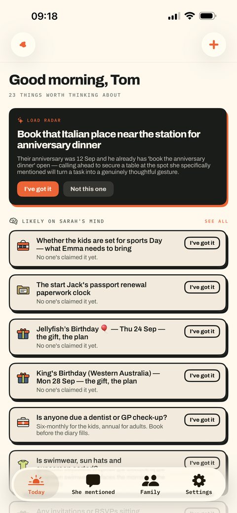 Today screen: 23 things worth thinking about, the load radar’s one suggestion, then what is likely on Sarah’s mind