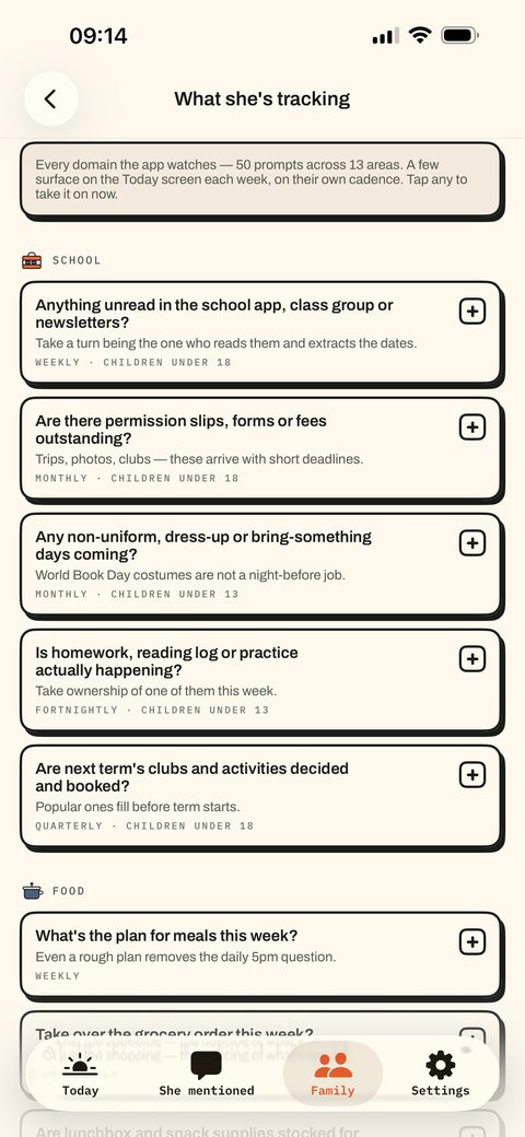 What she’s tracking: fifty prompts across thirteen areas, school first, each with its own cadence