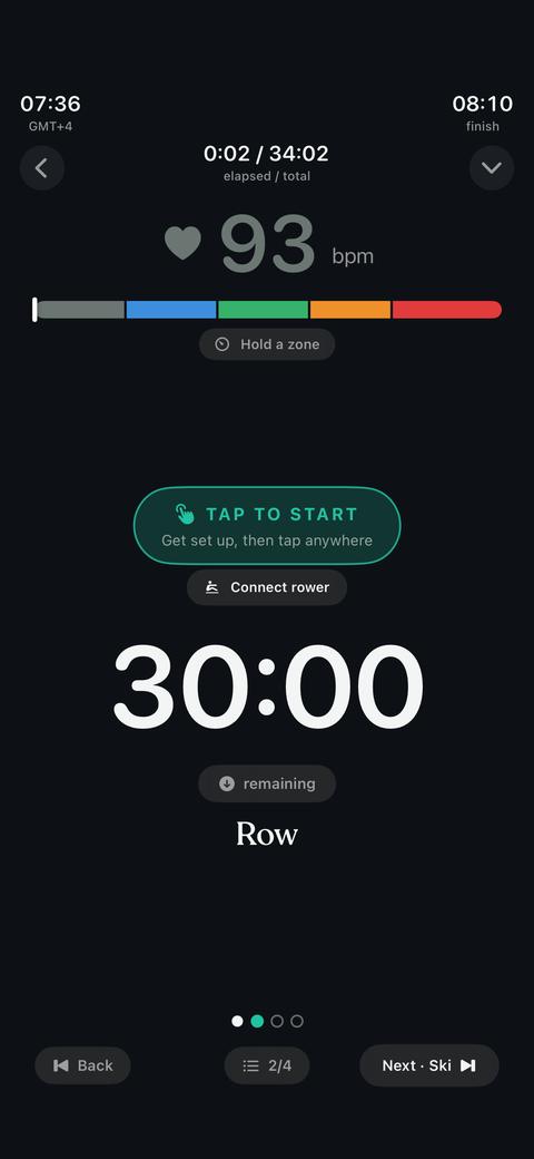 Tap-to-start prompt with “Connect rower” mid-workout